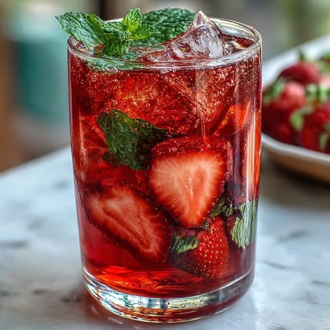 A refreshing sparkling strawberry mocktail with fresh strawberries, citrus, and mint garnish in tall glasses.