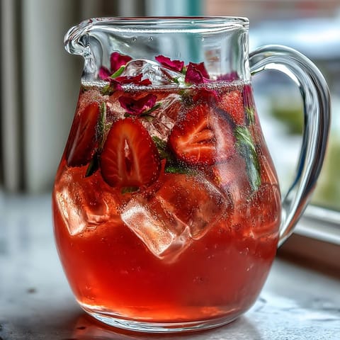 A tall pitcher filled with vibrant pink lemonade, garnished with fresh strawberries, lemon slices, and edible rose petals.  