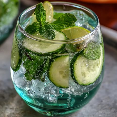 A refreshing glass of cucumber mint sparkling water with lime, perfect for cooling off on a hot day.
