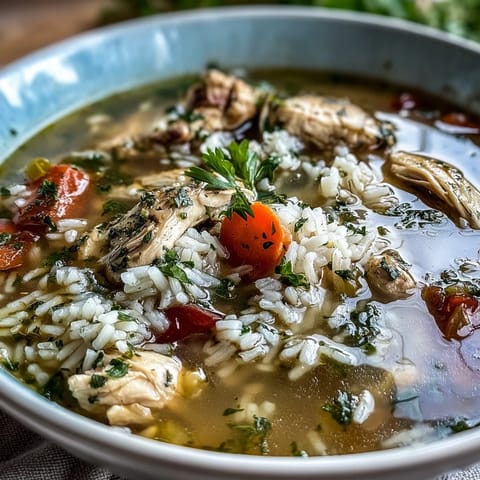 A steaming bowl of One-Pot Healthy Chicken and Rice Soup with tender chicken, fresh vegetables, and fluffy rice in savory broth.