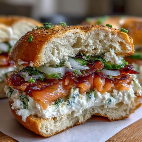 Cottage cheese bagels topped with smoked salmon and cream cheese, garnished with dill and red onion.