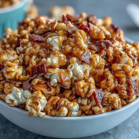 Sweet caramel popcorn mixed with dried apples and colorful candy pieces, perfect for a fun movie night treat.