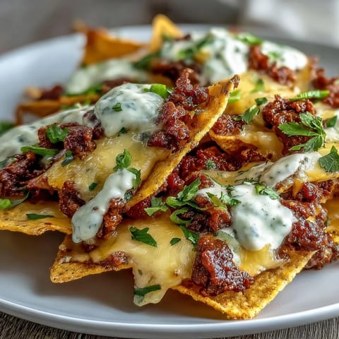 Hearty Loaded Baseball Nachos feature golden chips smothered in savory beef, melted cheese sauce, and zesty pickled jalapeños.  