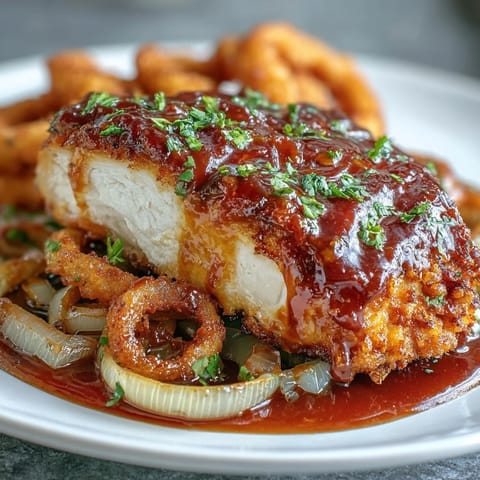 Juicy, pan-fried chicken thighs and drumsticks smothered in a thick, buttery onion gravy, perfect for a hearty Southern dinner.