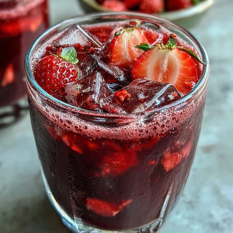 Refreshing homemade strawberry açaí drink with açaí powder, strawberries, and a hint of lemon, served over ice for a cool treat.