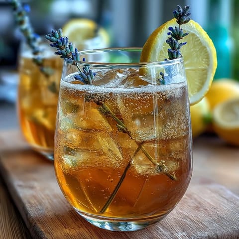 A vibrant lavender lemonade spritz cocktail with sparkling wine, fresh lemon slices, and lavender sprigs in chilled glasses.