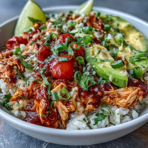 Slow-cooked salsa chicken served over rice with vibrant cherry tomatoes, green onions, and melted cheese.  