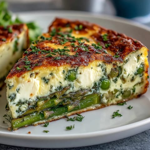 Spring Frittata with Asparagus, Peas and Goat Cheese, golden and puffed in a skillet, showcasing vibrant green vegetables and creamy cheese.