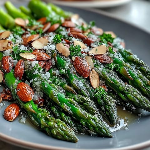 Fresh asparagus spears sautéed in lemon butter, topped with toasted almonds for a bright, elegant side dish.