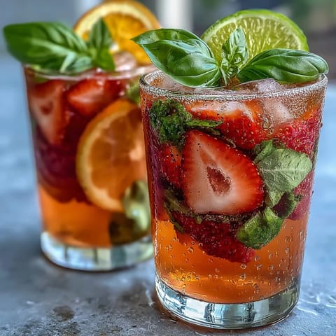 Refreshing strawberry basil sangria mocktail with juicy berries and citrus slices in a clear pitcher, garnished with fragrant basil leaves.