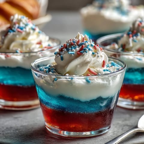 Patriotic 4th of July Firecracker Jello Shots (Alcohol-Free) topped with creamy whipped cream.