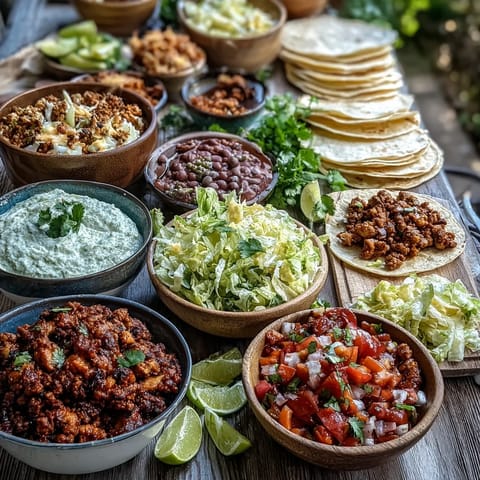 Colorful DIY Taco Bar for Outdoor BBQ overflowing with fresh toppings.