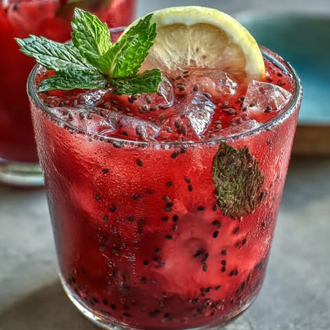 Refreshing Dragon Fruit Lemonade with Chia Seeds, served over ice with mint.