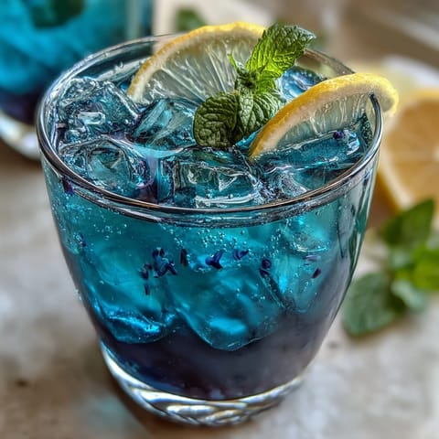 Colorful butterfly pea flower lemonade with lemon, served over ice.