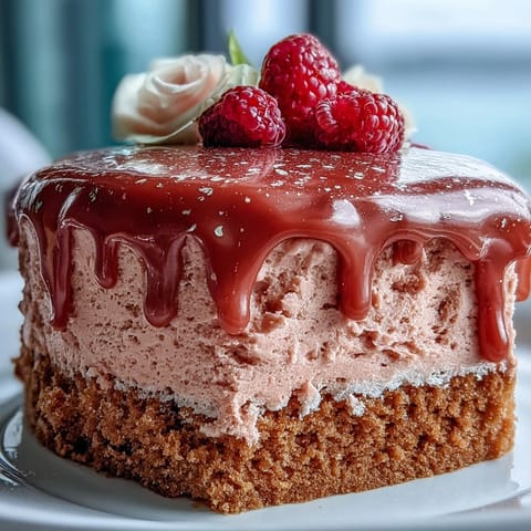 Pink velvet cake, kissed with rosé wine and adorned with edible gold.