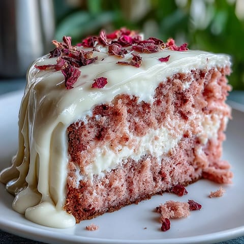 Bridal Shower Rosé Velvet Cake boasts delicate pink layers with elegant gold drip.