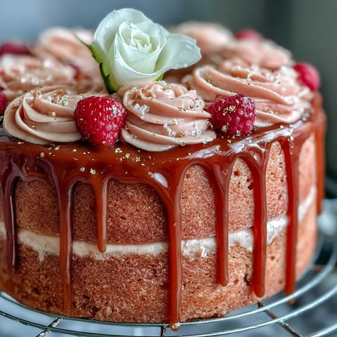 Luxurious pink velvet cake, infused with rosé, featuring a stunning gold ganache drip.