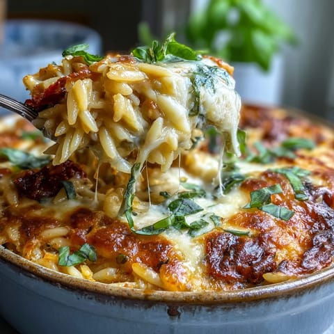 Tender orzo pasta bake, bursting with savory sun-dried tomatoes and fresh basil.