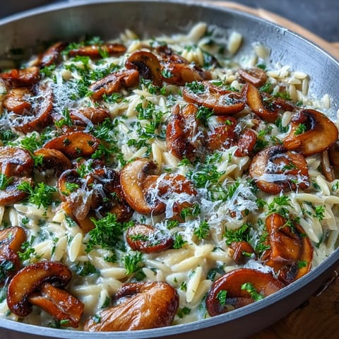 Golden Creamy Mushroom Orzo Skillet loaded with tender pasta and savory mushrooms.