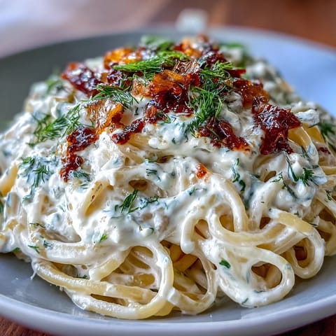 Close-up of Turkish Yogurt Pasta with Paprika Butter, creamy sauce glistening.