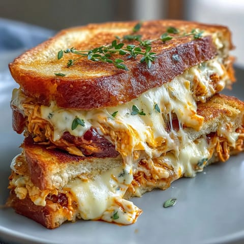 Spicy buffalo chicken grilled cheese with melted cheddar and mozzarella.
