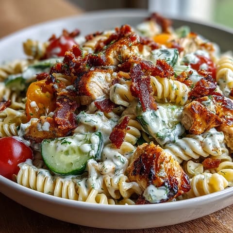 Close-up of a vibrant Creamy Chicken Bacon Ranch Pasta Salad with visible bacon bits.