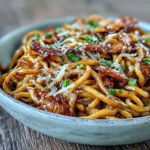Caramelized onions top spicy French Onion Buldak Noodles with melted Gruyère.
