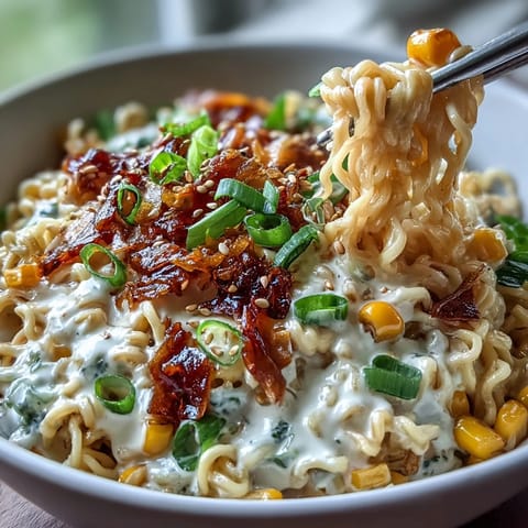 Creamy Corn Buldak Ramen with fiery sauce, sweet corn, and tender noodles.