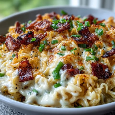 Golden baked Carbonara Buldak Ramen casserole topped with bubbly melted cheese and green onions.