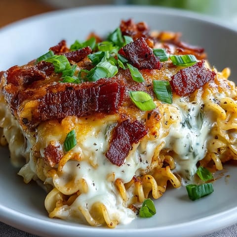 Spicy, creamy Carbonara Buldak Ramen bake fresh from the oven, ready to serve.