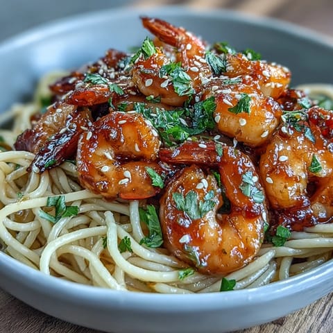 Garlic Butter Shrimp Buldak Pasta with vibrant red sauce and juicy shrimp.