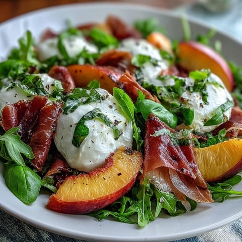 Vibrant Peach Burrata Prosciutto Salad, a perfect sweet and savory summer appetizer.