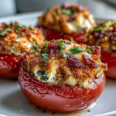 Tuna Melt Stuffed Tomatoes: juicy baked tomatoes filled with creamy cheesy tuna salad.