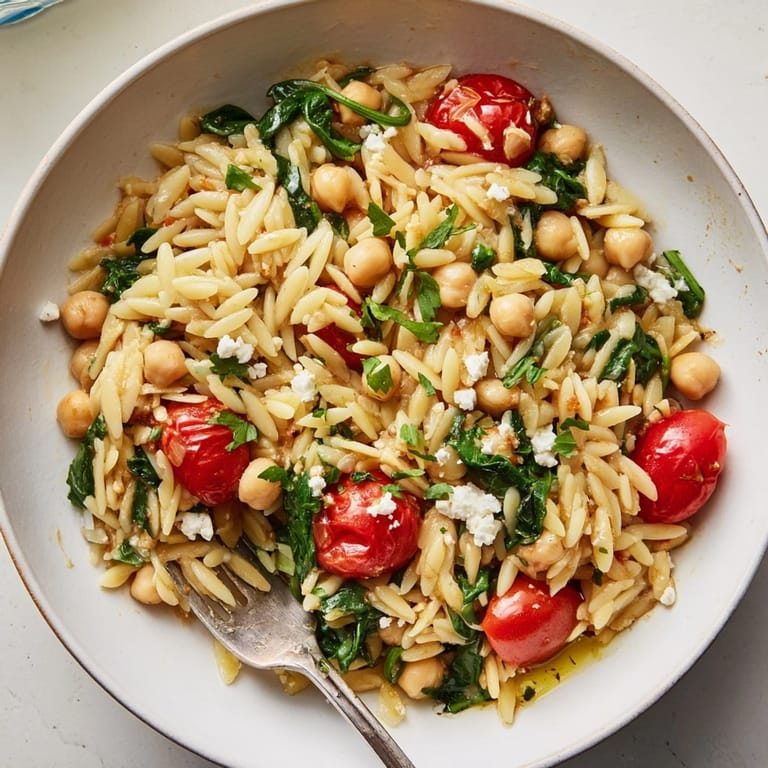 Top-down shot: golden 15-Minute Lemon-Garlic Chickpea Orzo Skillet ready to eat, garnished with herbs and feta.