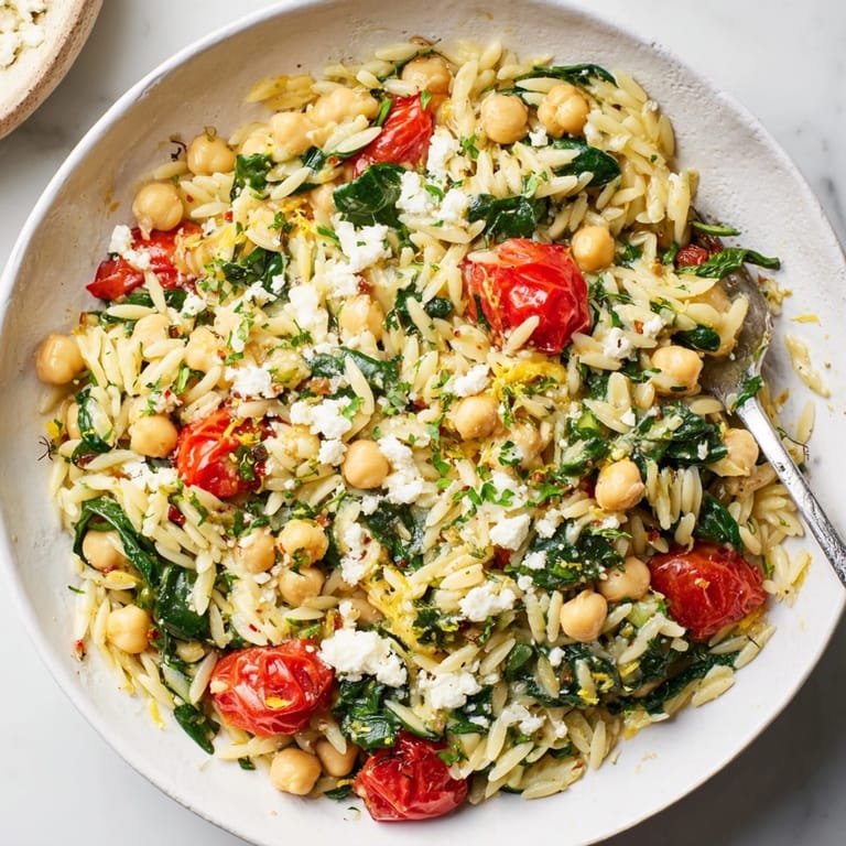 Visually imagine: 15-Minute Lemon-Garlic Chickpea Orzo Skillet, pasta glistening with lemon sauce amid colorful vegetables.