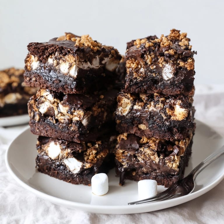 Golden, toasted marshmallow topping on homemade S'mores Brownie Bars recipe, ready to slice.