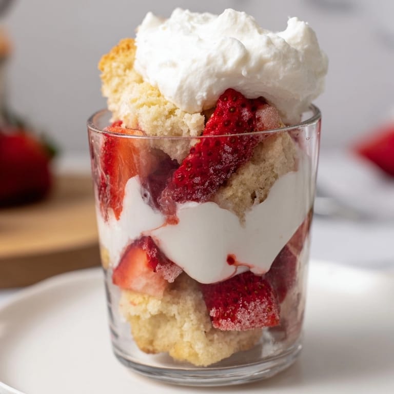 Refreshing Strawberry Shortcake Parfaits: Bright red berries and creamy swirls piled high in parfaits.