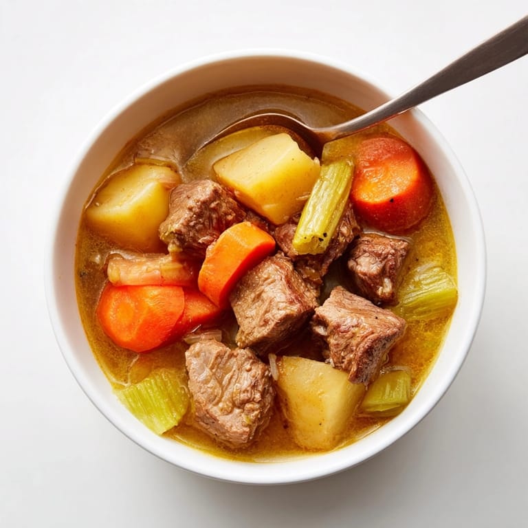 Classic Beef &amp; Veggie Stew recipe: Thick, savory broth with tender meat and vegetables.