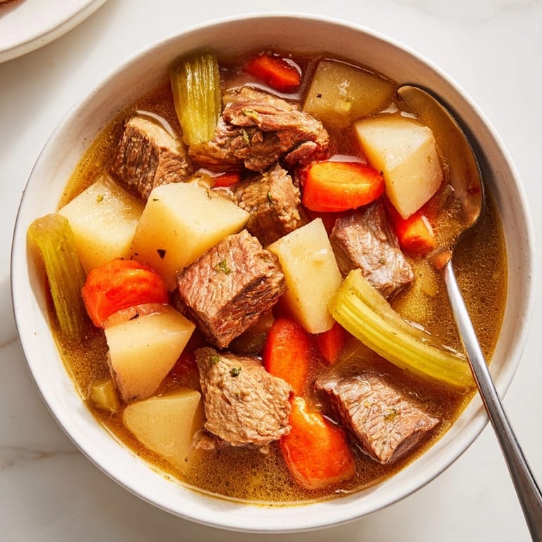 Warm, comforting Beef &amp; Veggie Stew served in a rustic bowl, ready to enjoy.