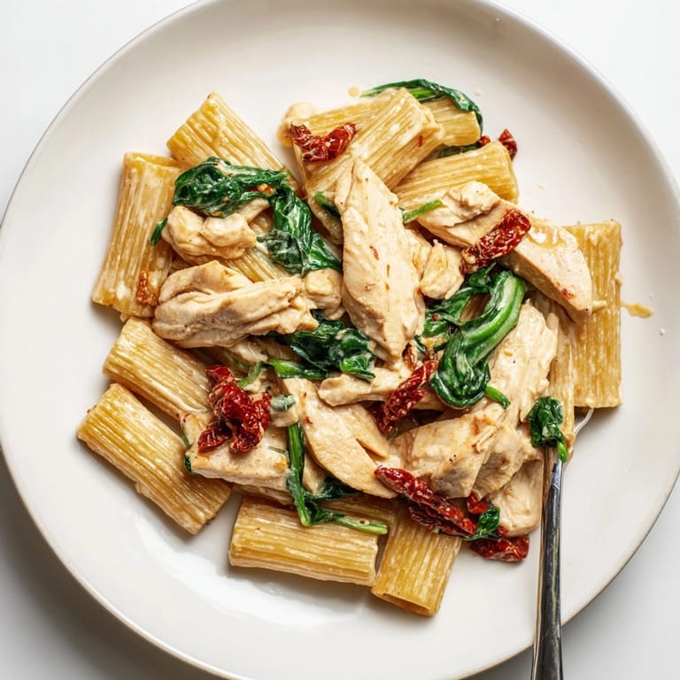 Delicious one-pan Creamy Tuscan Chicken Pasta recipe shimmering; easily plated for a family dinner.