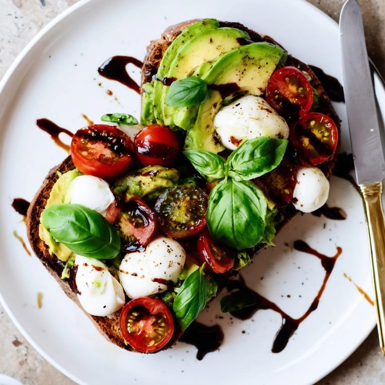 Savory Caprese Avocado Toast featuring fresh basil; an easy, flavorful breakfast delight.