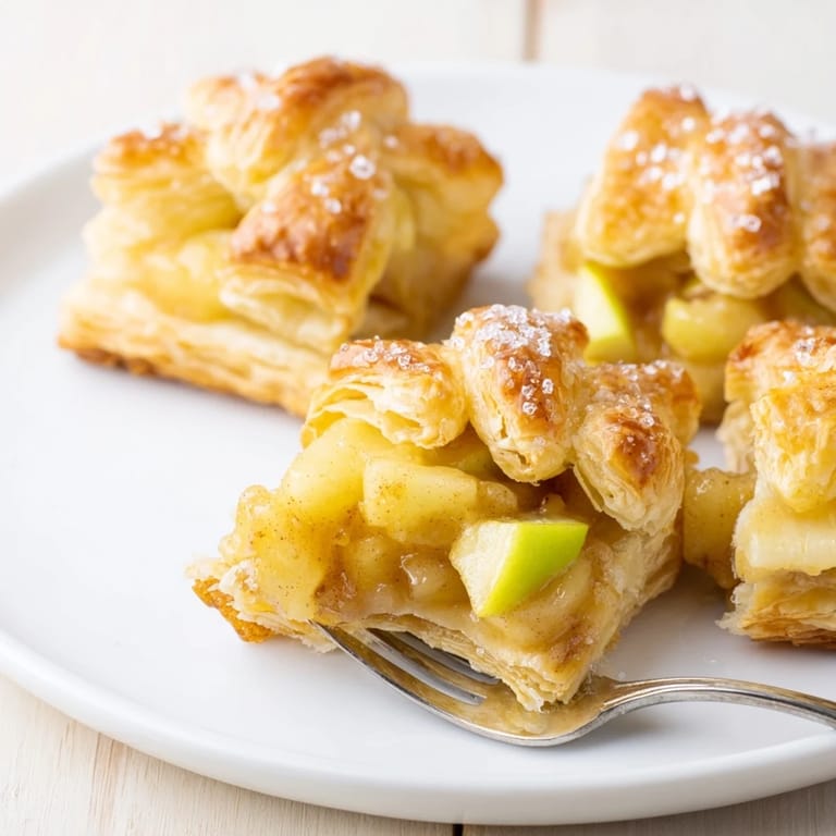 Miniature desserts featuring sweet apples and rich caramel in flaky pastry squares.