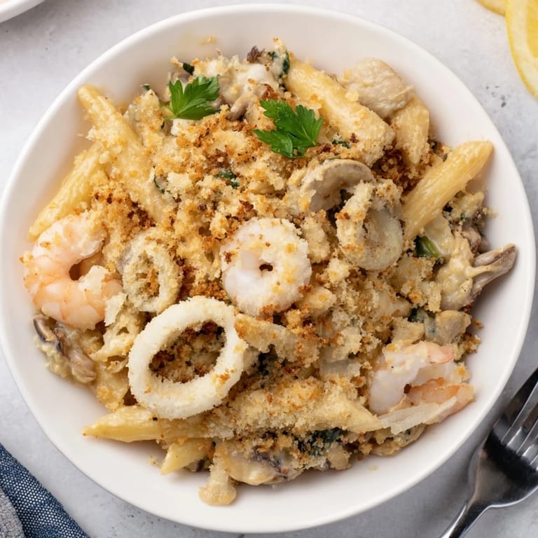 Bubbling Japanese seafood pasta bake with a golden crust and savory flavors.