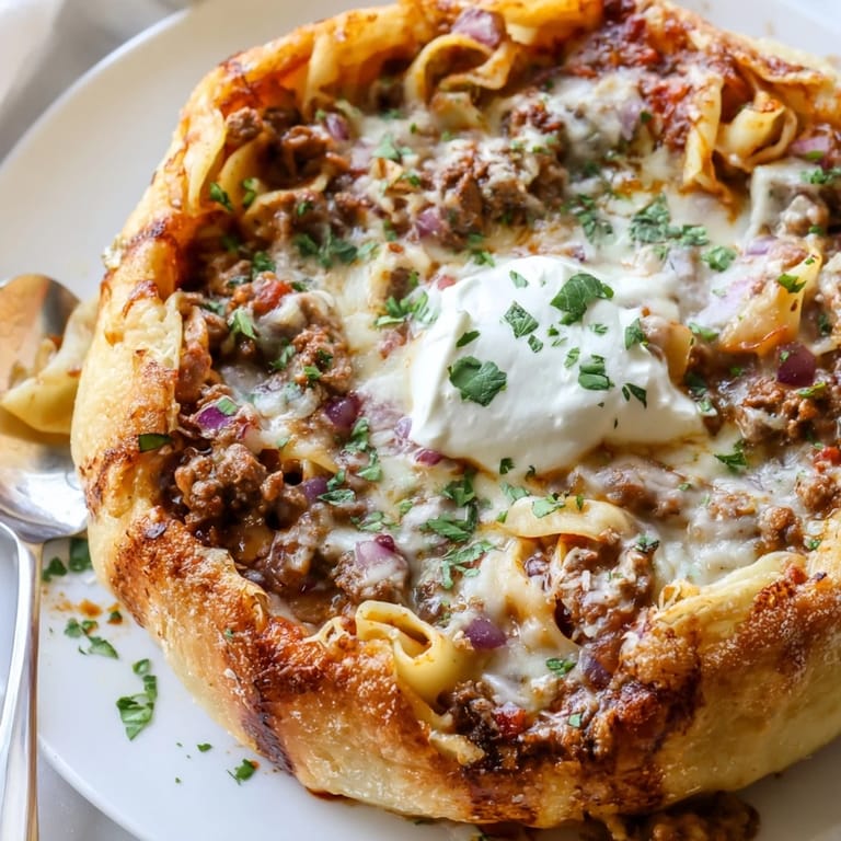 Comforting lasagne soup nestled in crunchy, homemade pizza crust bowls, topped with ricotta.