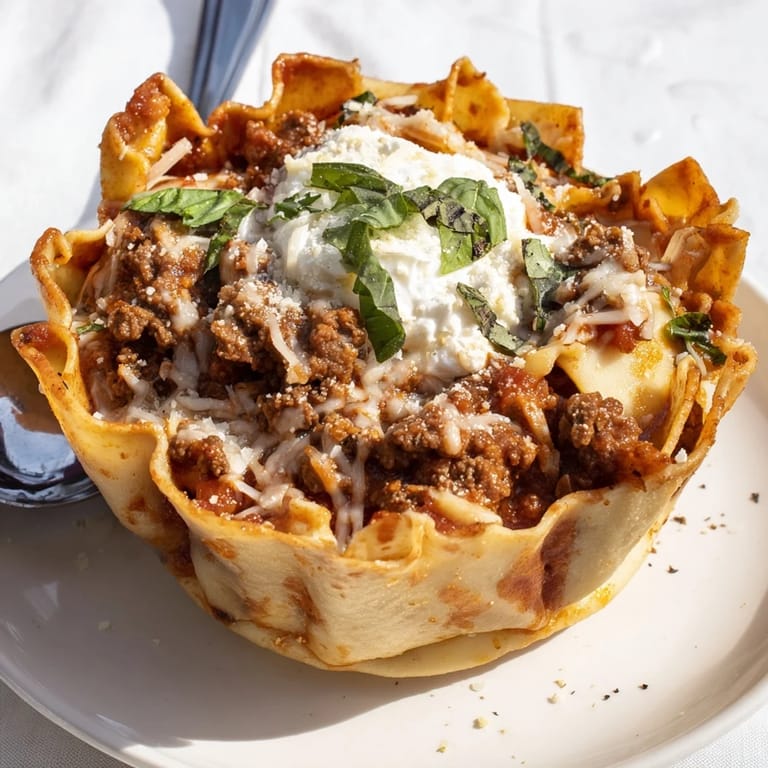 Savory lasagne soup served in golden, edible pizza dough bowls for family fun.  