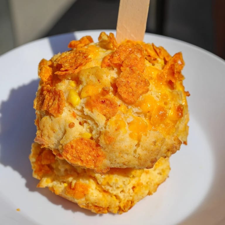 Cheesy Flamin Hot biscuit pops on wooden sticks, perfect for snacking anytime, burst with flavor.  