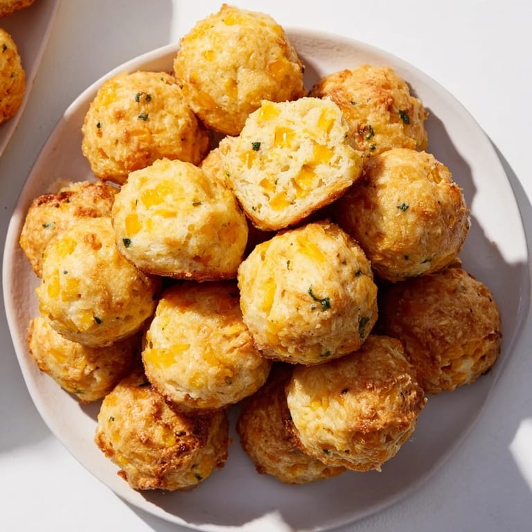 Golden biscuit balls bursting with cheddar and zesty jalapeño, ideal for appetizers.  