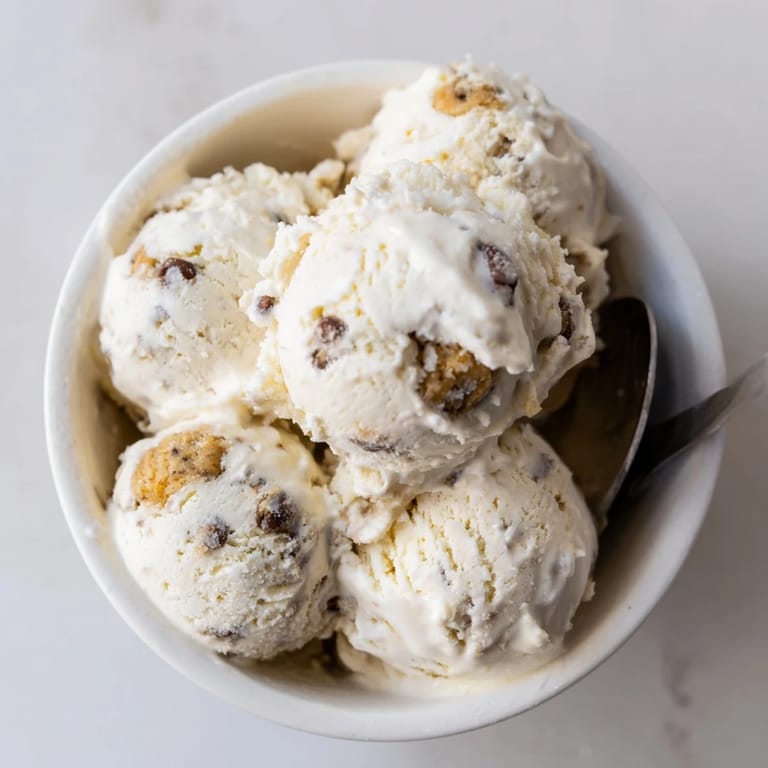 Rich and creamy cottage cheese ice cream topped with yummy cookie dough pieces.
