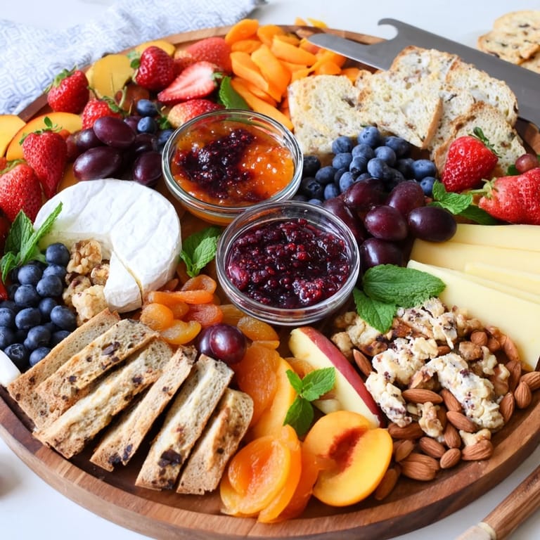 Delicious jam-infused brunch board with swoon-worthy cheeses and vibrant fruit clusters.  