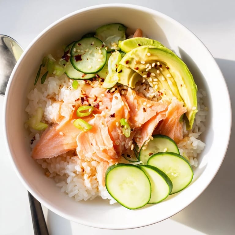 Warm, flavorful leftover salmon and rice bowl with vibrant avocado and cucumber slices.  